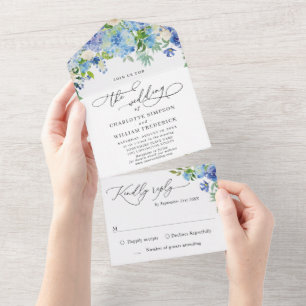 Invitation Tout En Un Mariage Élégant Aquarelle Hydrangea Bleu Verdure
