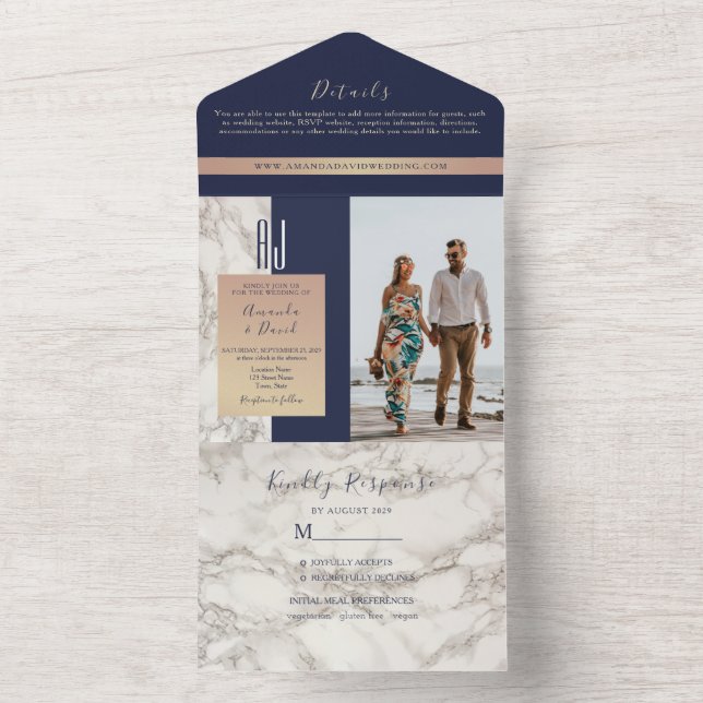 Invitation Tout En Un Mariage Élégant au Bleu Nuit Marbré (À l'intérieur)