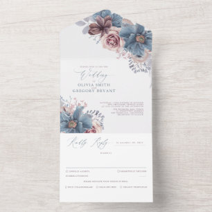 Invitation Tout En Un Mariage élégant bleu Dusty et floral Mauve