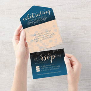 Invitation Tout En Un Mariage Élégant Bleu Océanique et Pêche