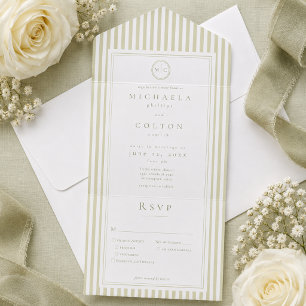 Invitation Tout En Un Mariage Élégant Classique Monogramme Rayure Vert S