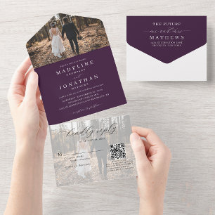 Invitation Tout En Un Mariage élégant classique violet 2 code QR photo