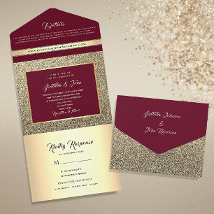 Invitation Tout En Un Mariage Élégant Paillettes Bourgogne Or