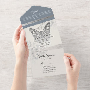 Invitation Tout En Un Mariage Élégant Papillon Bleu Poussiéreux