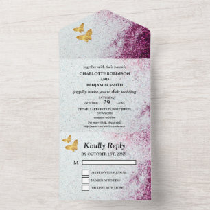 Invitation Tout En Un Mariage élégant papillon violet paillettes et or