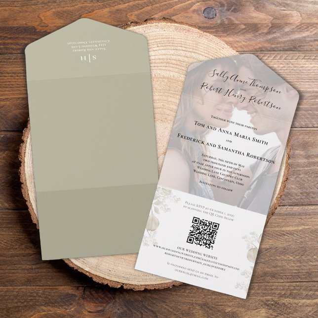 Invitation Tout En Un Mariage élégant Photo Sage Vert (Elegant wedding all-in-one invitation with botanical greenery. )
