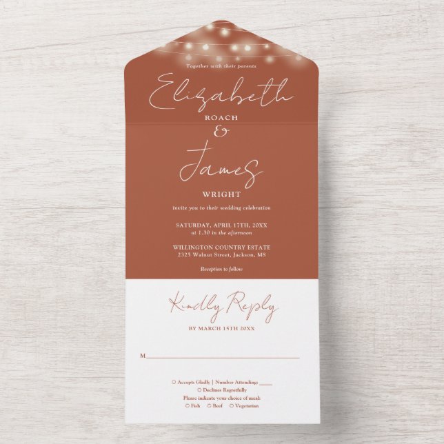 Invitation Tout En Un Mariage Élégant Script de Terracotta (À l'intérieur)