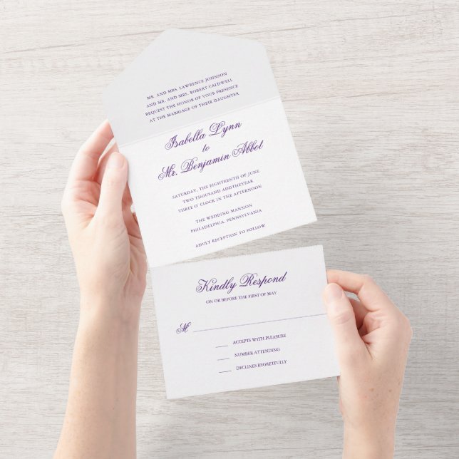 Invitation Tout En Un Mariage élégant traditionnel violet (Déchirure)