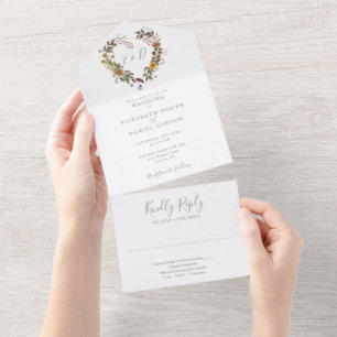 Invitation Tout En Un Mariage Élégant Vert Sauge Floral Rustique au Coeu