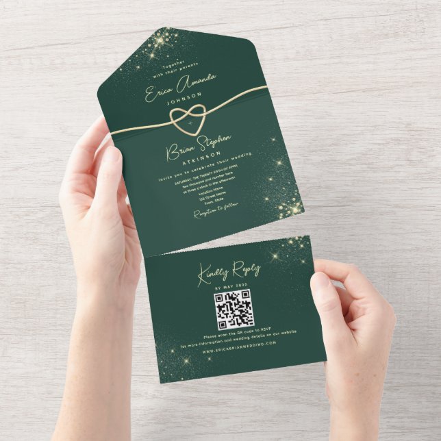 Invitation Tout En Un Mariage Emerald Green et Gold Parties scintillant (Déchirure)
