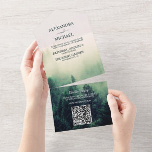 Invitation Tout En Un Mariage Emerald Green Watercolor Pine Tree