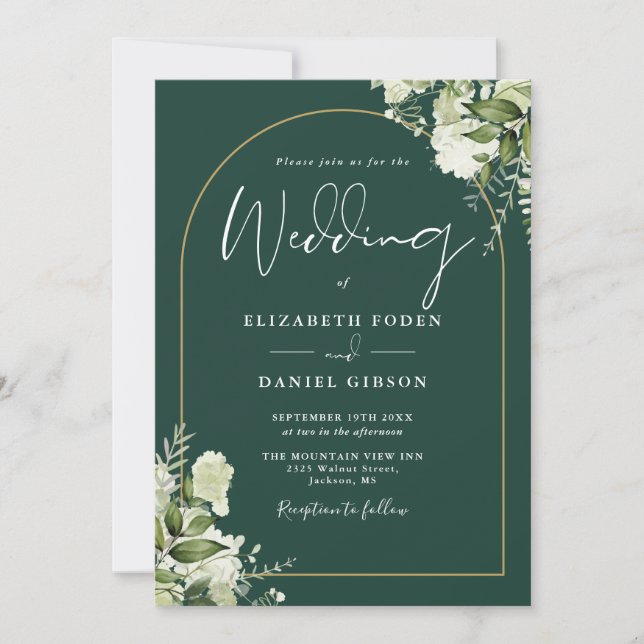 Invitation Tout en un Mariage Emerald Greenery Gold Arch (Devant)