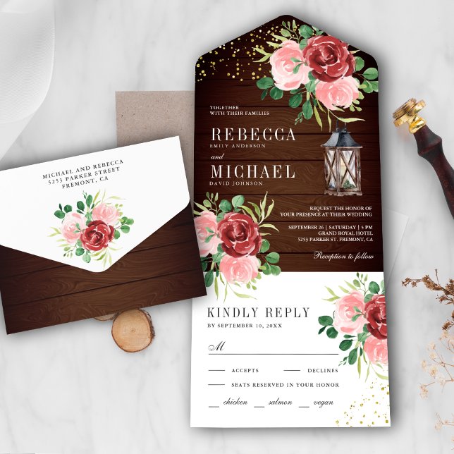 Invitation Tout En Un Mariage en bois de lanterne rose-bordeaux (Créateur téléchargé)