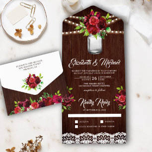 Invitation Tout En Un Mariage en Bois Rustique Pot Mason Floral Rouge Bo