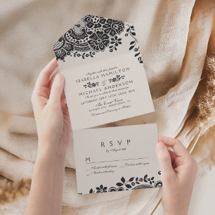 Invitation Tout En Un Mariage en dentelle vintage noir et blanc