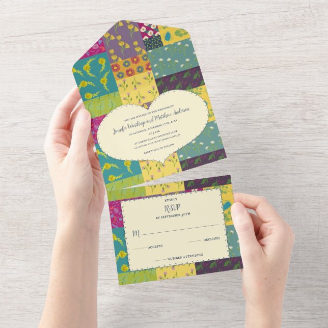 Invitation Tout En Un Mariage en forme de coeur et de surface de patchwo (Déchirure)