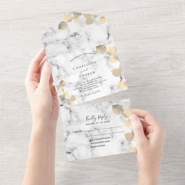 Invitation Tout En Un Mariage en marbre doré Eucalyptus (Déchirure)