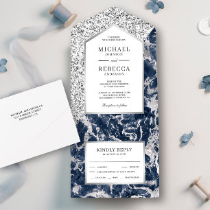 Invitation Tout En Un Mariage en marbre Parties scintillant bleu et arge