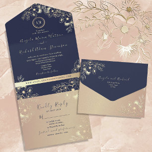 Invitation Tout En Un Mariage en or rose et bleu marine
