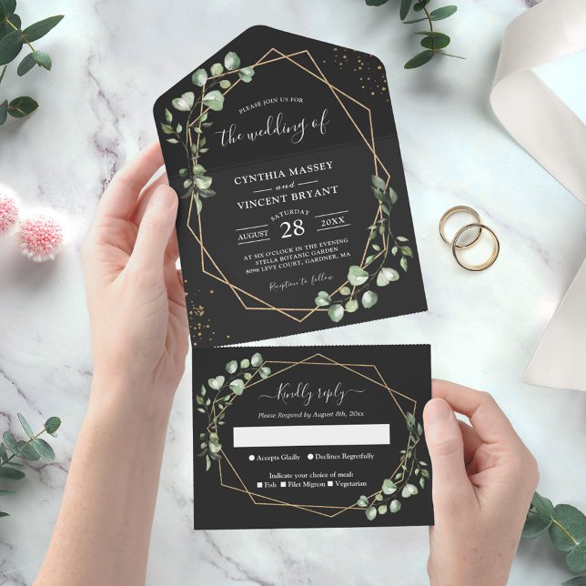Invitation Tout En Un Mariage Eucalyptus Feuille en or noir géométrique (Créateur téléchargé)