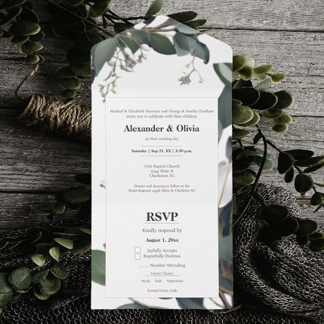 Invitation Tout En Un Mariage Eucalyptus moderne (Modern Eucalyptus Wedding All in One Invitation)