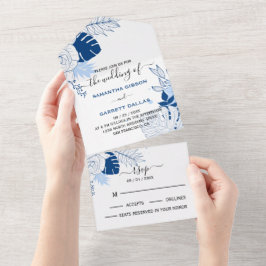 Invitation Tout En Un Mariage Feuille bleu et blanc