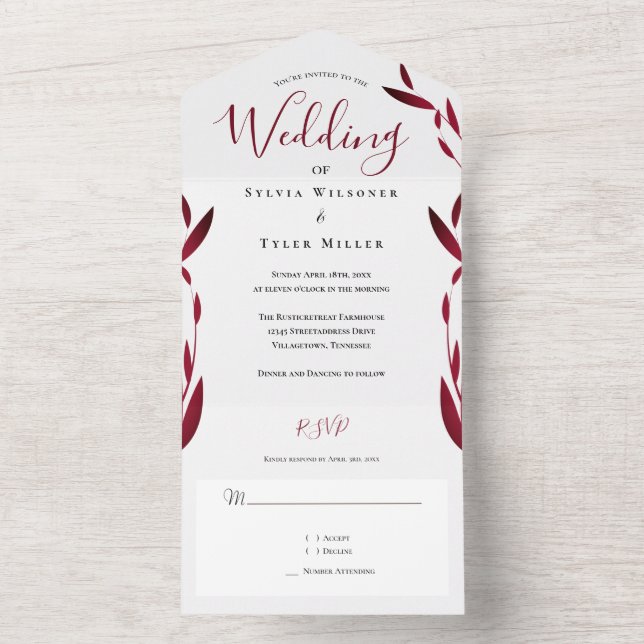 Invitation Tout En Un Mariage Feuille de Bourgogne (À l'intérieur)