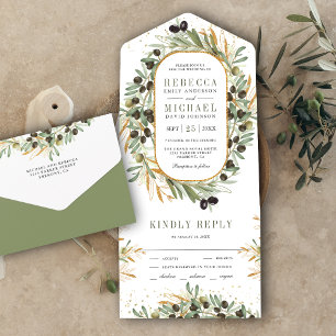 Invitation Tout En Un Mariage Feuilles d'Olive Vert Sauge Rustique Or