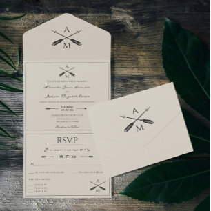 Invitation Tout En Un Mariage Flèches et monogrammes Beige