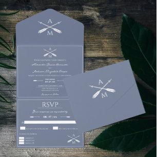 Invitation Tout En Un Mariage Flèches et monogrammes Dusty Blue