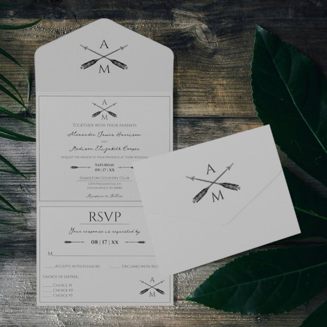 Invitation Tout En Un Mariage Flèches et monogrammes | Gris (Créateur téléchargé)
