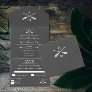 Invitation Tout En Un Mariage Flèches et monogrammes Gris de charbon