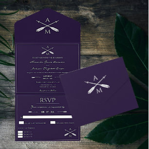Invitation Tout En Un Mariage Flèches et monogrammes Violet