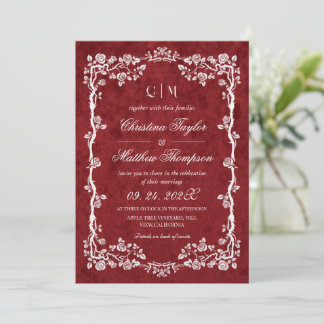 Invitation Tout en Un Mariage Fleur Florale Rouge Faux Velour
