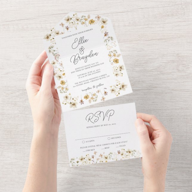 Invitation Tout En Un Mariage Fleur sauvage aquarelle (Déchirure)