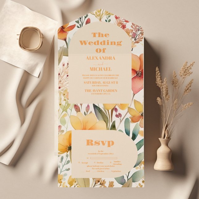 Invitation Tout En Un Mariage Fleur sauvage Aquarelle rose orange (Créateur téléchargé)