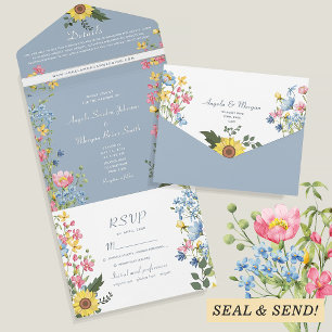 Invitation Tout En Un Mariage Fleur sauvage bleu Dusty