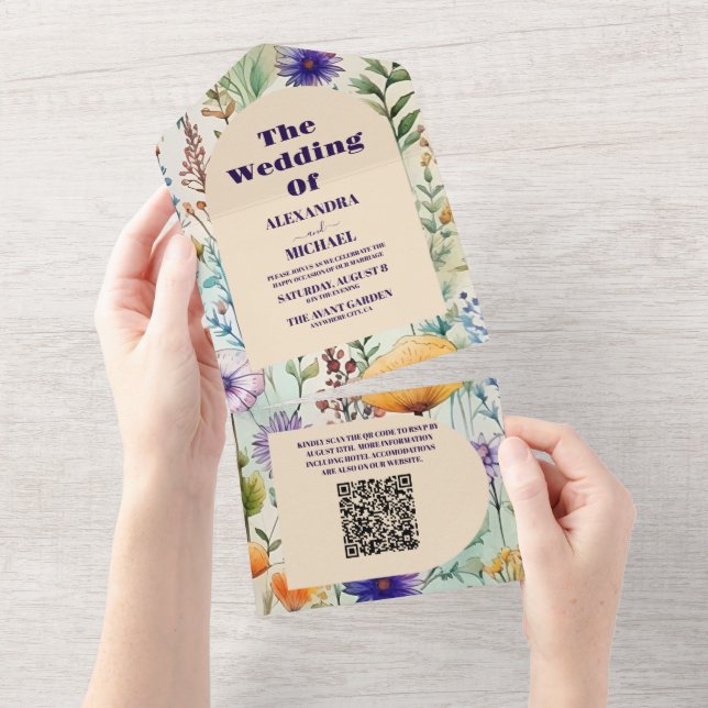 Invitation Tout En Un Mariage Fleur sauvage de QR Code Elegant Watercolo (Déchirure)