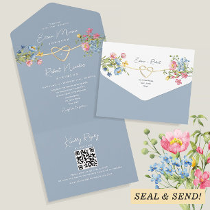 Invitation Tout En Un Mariage Fleur sauvage Dusty Blue et Rose Boho