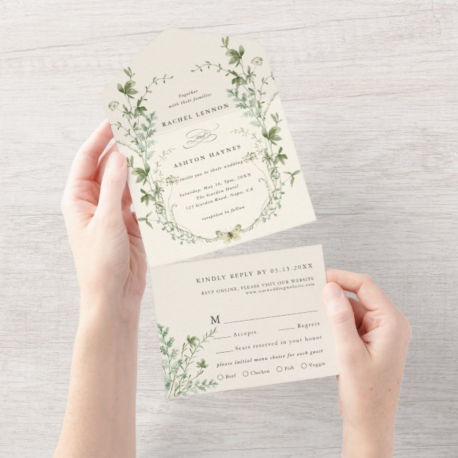 Invitation Tout En Un Mariage Fleur sauvage ivoire Elegant (Déchirure)