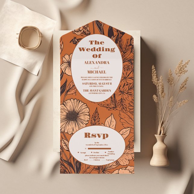 Invitation Tout En Un Mariage Fleur sauvage orange brûlé (Créateur téléchargé)
