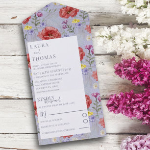 Invitation Tout En Un Mariage fleur sauvage Poppy Red & Purple Watercolo