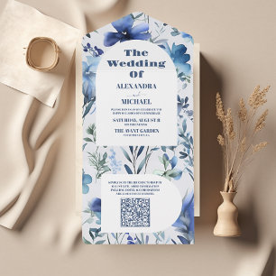 Invitation Tout En Un Mariage Fleur sauvage QR Code Blue Watercolor