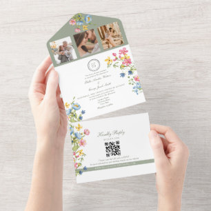 Invitation Tout En Un Mariage Fleur sauvage Sage Green