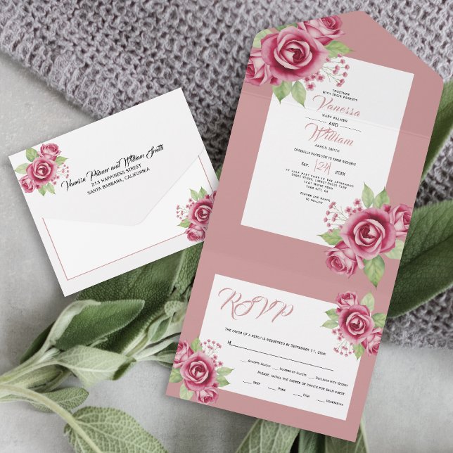 Invitation Tout En Un Mariage fleuri rose rose pâle (Créateur téléchargé)