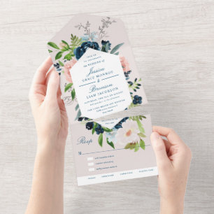 Invitation Tout En Un Mariage Fleurie Bleu Nuit et Rose