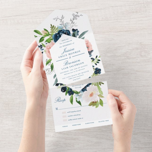 Invitation Tout En Un Mariage Fleuris Bleu Nuit et Rose (Déchirure)