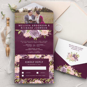 Invitation Tout En Un Mariage Fleuriste Violet Prune et Rose Pâle Photo