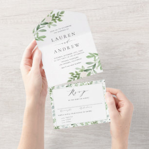 Invitation Tout En Un Mariage Fleurs Blanches et Verdure à l'Aquarelle
