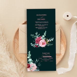 Invitation Tout En Un Mariage Fleurs de Bourgogne Aquarelle Vert Émeraud